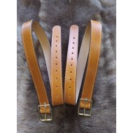 Straps - 1.5" wide x 40" long (two straps) saddle tan leather finished with solid brass roller buckle to match luggage straps